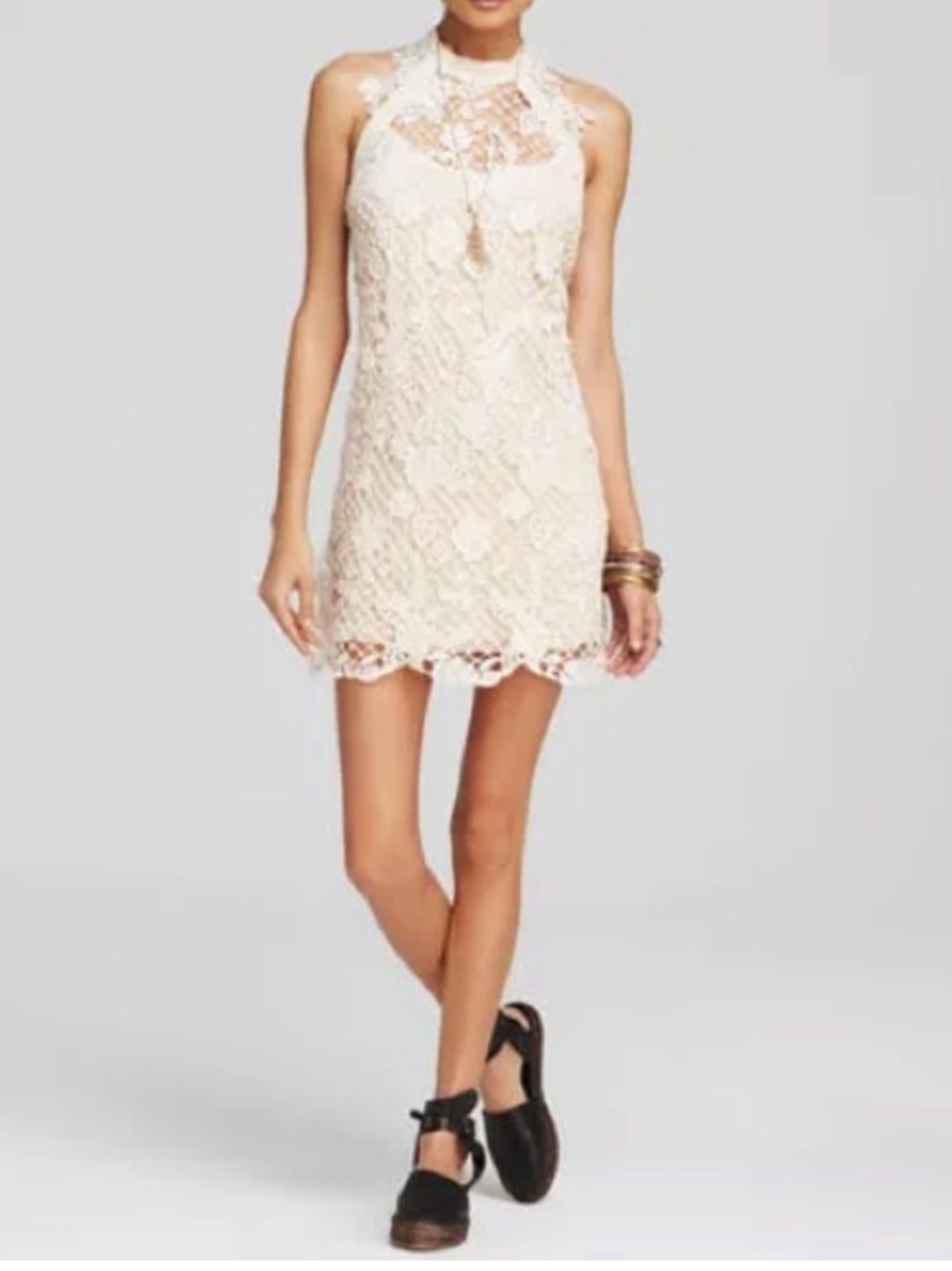 Free People Crochet Snow Drop Lace Halter Trapeze Mini Dress - Ivory